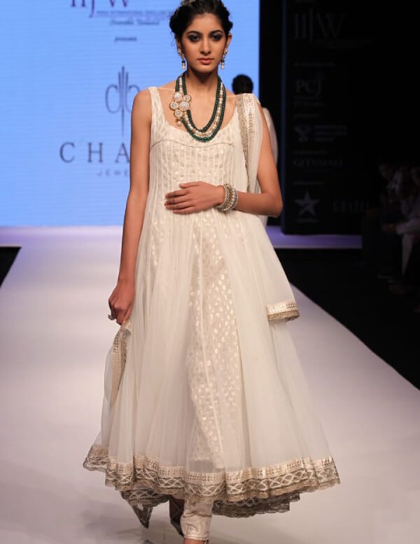 Ivory Gold Polka Anarkali with Layered Net Finish
