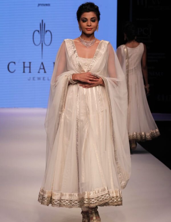Ivory Net Drape Anarkali with Deep-Cut Gold Embroidered Bodice