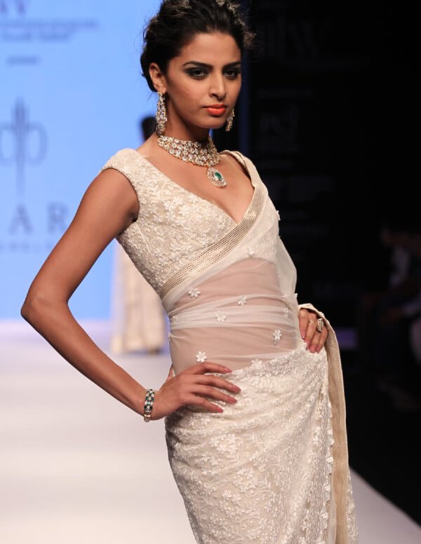 Ivory Embroidered Lace Saree with Sheer Net Draping