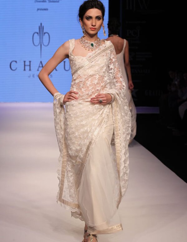 Elegant Ivory Floral Lace Saree with Sheer Pallu