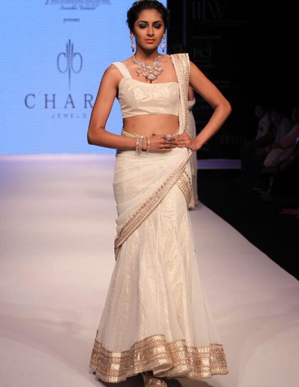 Ivory Satin Saree-Style Lehenga with Golden Embellishments
