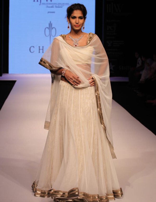 Ivory Net Lehenga with Sheer Dupatta & Golden Border