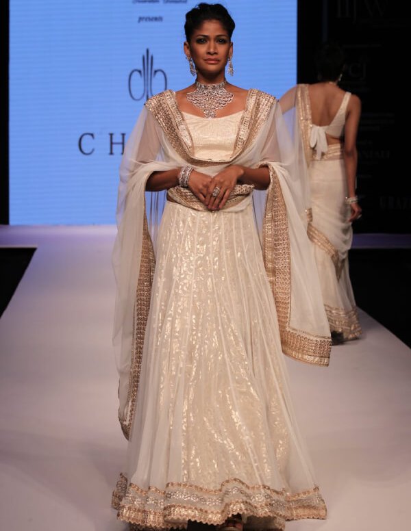 Ivory Shimmer Lehenga with Embellished Dupatta & Golden Borders