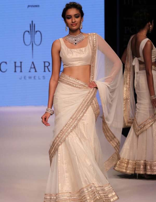 Ivory Saree-Style Lehenga with Heavy Golden Border