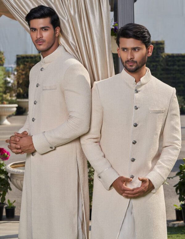Textured Ivory Bandhgala Sherwani – Modern Royalty Collection